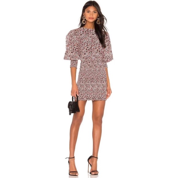 NWT Rebecca Minkoff Tabby Dress Printed Puff Sleeve Smocked Floral Summer Sz L - Picture 1 of 14